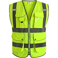 JKSafety Nueve bolsillos Nivel 2 Uniforme trabajo Chaleco con cremallera-Chaleco reflectante fluorescente-Chaleco de…